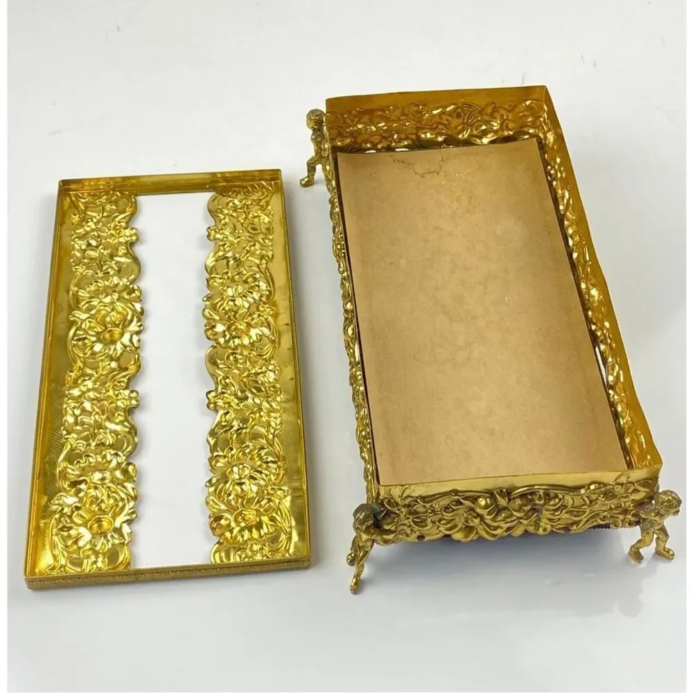 Vtg Cherub Angel Footed Tissue Box Vanity Patina Ormolu Flowers Baroque Rococo E